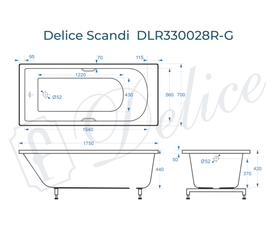 Ванна из литьевого мрамора Delice Scandi 175х70 глянцевая с ручками Хром DLR330028R-G_, изображение 5