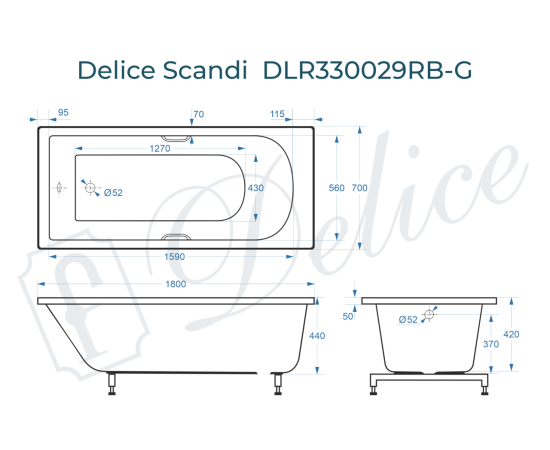 Ванна из литьевого мрамора Delice Scandi 180х70 глянцевая с черными ручками DLR330029RB-G_, изображение 5