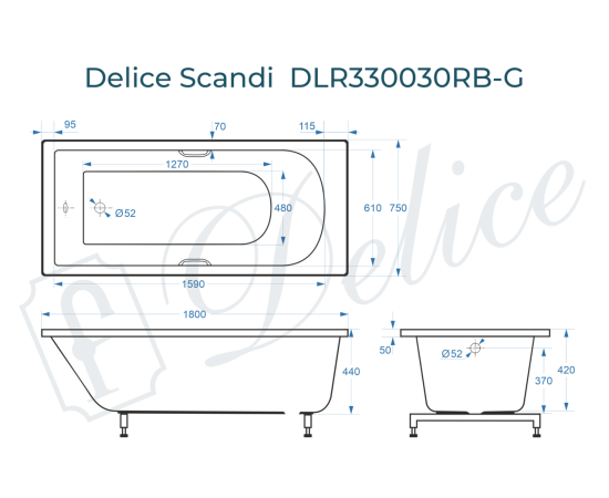 Ванна из литьевого мрамора Delice Scandi 180х75 глянцевая с черными ручками DLR330030RB-G_, изображение 5
