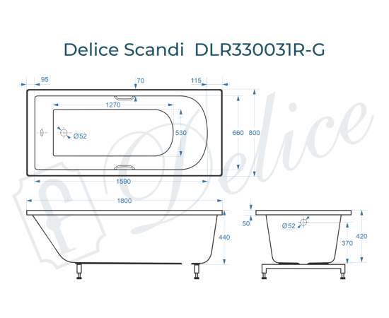 Ванна из литьевого мрамора Delice Scandi 180х80 глянцевая с ручками Хром DLR330031R-G_, изображение 5
