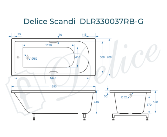 Ванна из литьевого мрамора Delice Scandi 165х70 глянцевая с черными ручками DLR330037RB-G_, изображение 5