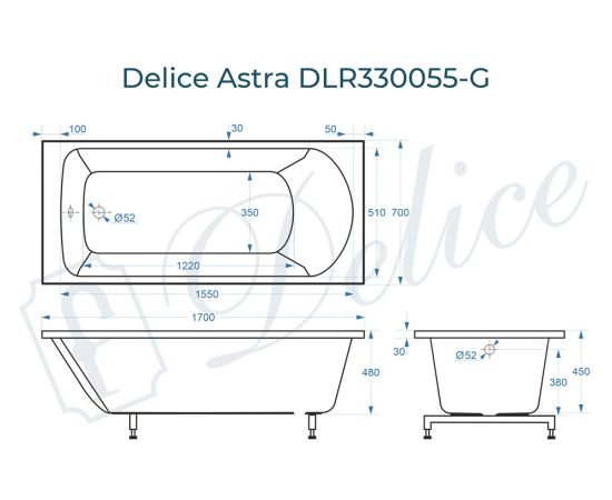 Ванна из литьевого мрамора Delice Astra 170х70 глянцевая DLR330055-G_, изображение 3