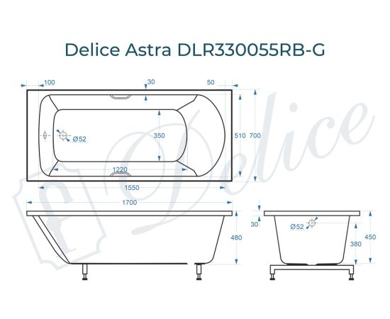 Ванна из литьевого мрамора Delice Astra 170х70 глянцевая с черными ручками DLR330055RB-G_, изображение 3