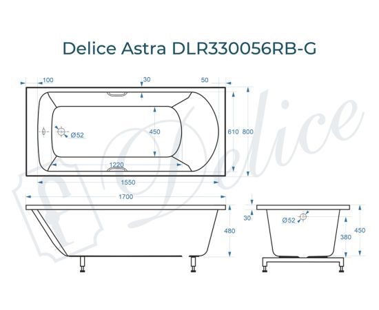 Ванна из литьевого мрамора Delice Astra 170х80 глянцевая с черными ручками DLR330056RB-G_, изображение 2