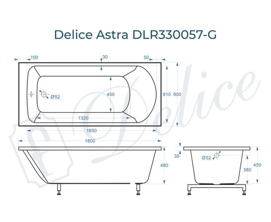Ванна из литьевого мрамора Delice Astra 180х80 глянцевая DLR330057-G_, изображение 3