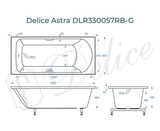 Ванна из литьевого мрамора Delice Astra 180х80 глянцевая с черными ручками DLR330057RB-G_, изображение 2