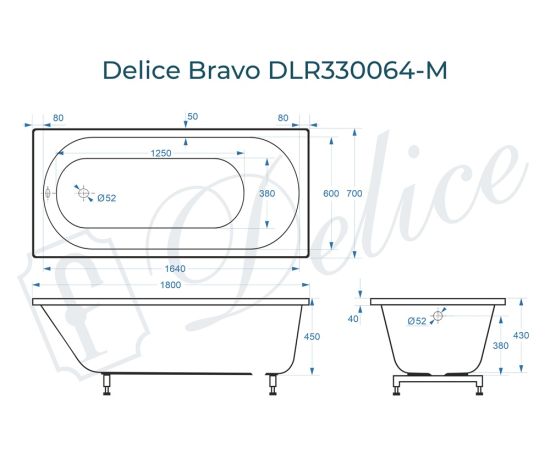 Ванна из литьевого мрамора Delice Bravo 180х70 матовая DLR330064-M_, изображение 2
