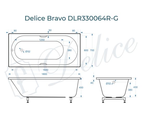 Ванна из литьевого мрамора Delice Bravo 180х70 глянцевая с ручками Хром DLR330064R-G_, изображение 2