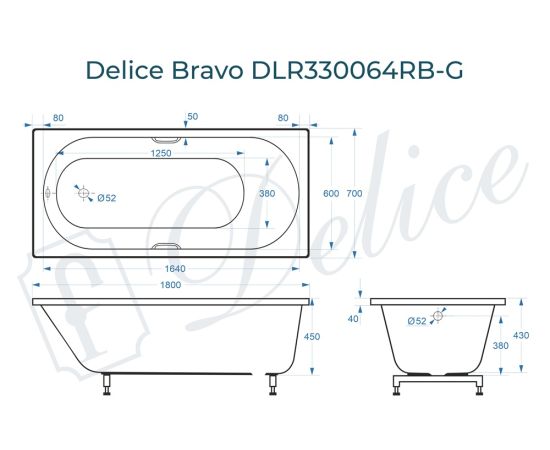 Ванна из литьевого мрамора Delice Bravo 180х70 глянцевая с черными ручками DLR330064RB-G_, изображение 2