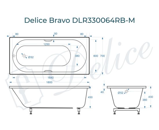 Ванна из литьевого мрамора Delice Bravo 180х70 матовая с черными ручками DLR330064RB-M_, изображение 2
