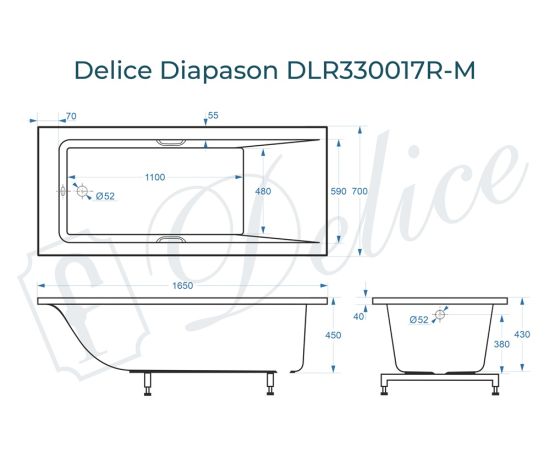 Ванна из литьевого мрамора Delice Diapason 165х70 матовая с ручками Хром DLR330017R-M_, изображение 2