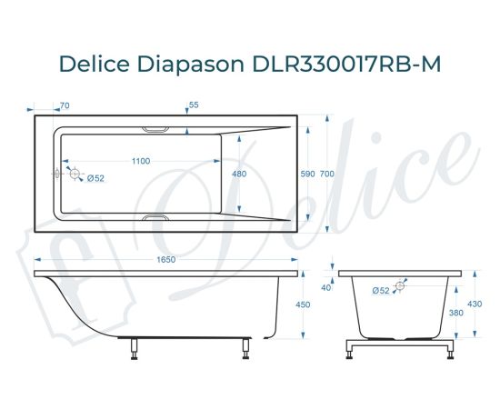 Ванна из литьевого мрамора Delice Diapason 165х70 матовая с черными ручками DLR330017RB-M_, изображение 2