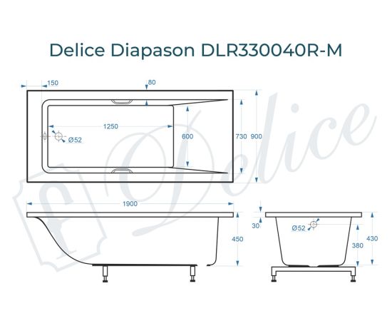 Ванна из литьевого мрамора Delice Diapason 190х90 матовая с ручками Хром DLR330040R-M_, изображение 2