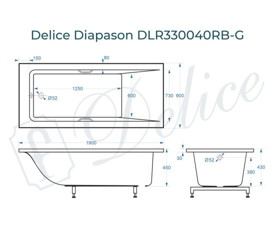 Ванна из литьевого мрамора Delice Diapason 190х90 глянцевая с черными ручками DLR330040RB-G_, изображение 2