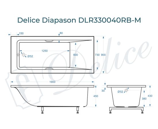 Ванна из литьевого мрамора Delice Diapason 190х90 матовая с черными ручками DLR330040RB-M_, изображение 2