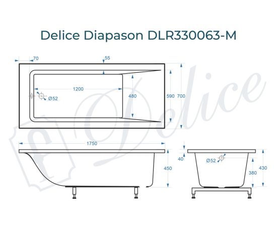 Ванна из литьевого мрамора Delice Diapason 175х70 матовая DLR330063-M_, изображение 2