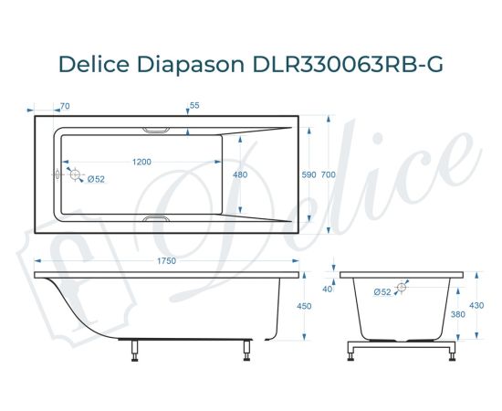 Ванна из литьевого мрамора Delice Diapason 175х70 глянцевая с черными ручками DLR330063RB-G_, изображение 2