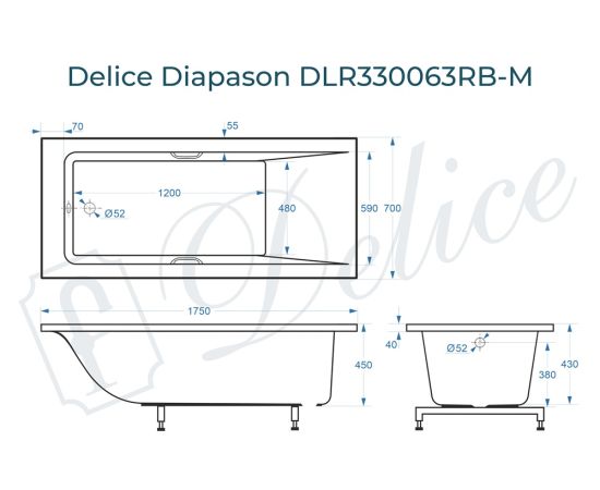 Ванна из литьевого мрамора Delice Diapason 175х70 матовая с черными ручками DLR330063RB-M_, изображение 2