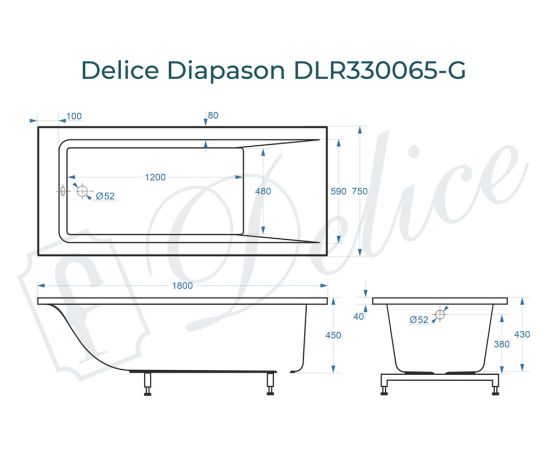Ванна из литьевого мрамора Delice Diapason 180х75 глянцевая DLR330065-G_, изображение 2