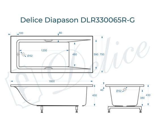 Ванна из литьевого мрамора Delice Diapason 180х75 глянцевая с ручками Хром DLR330065R-G_, изображение 2