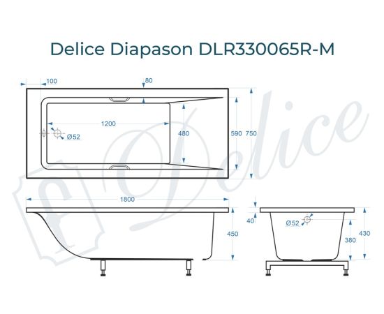 Ванна из литьевого мрамора Delice Diapason 180х75 матовая с ручками Хром DLR330065R-M_, изображение 2