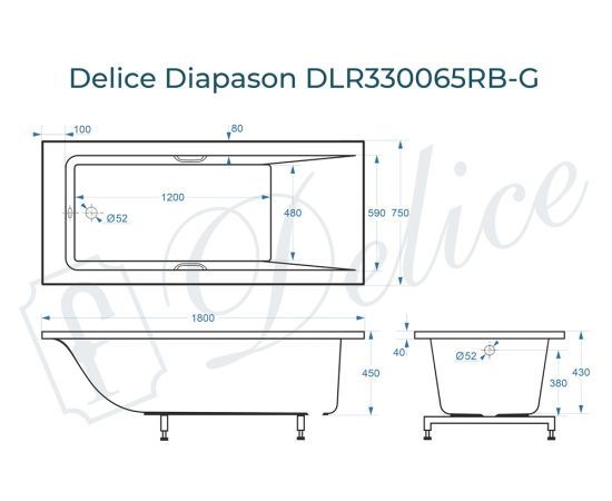 Ванна из литьевого мрамора Delice Diapason 180х75 глянцевая с черными ручками DLR330065RB-G_, изображение 2