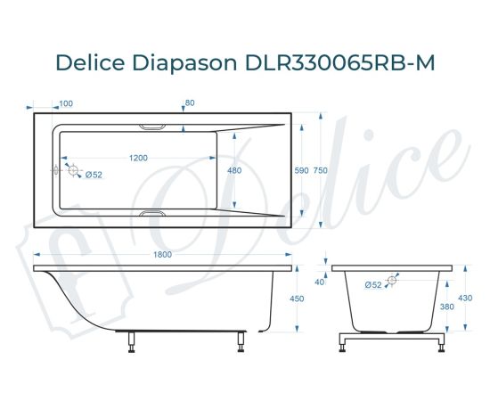 Ванна из литьевого мрамора Delice Diapason 180х75 матовая с черными ручками DLR330065RB-M_, изображение 2