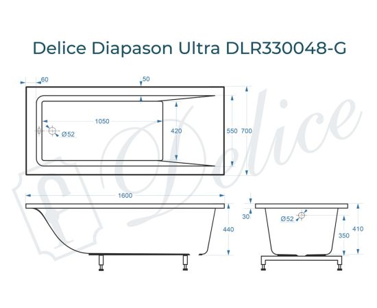 Ванна из литьевого мрамора Delice Diapason Ultra с узким бортом 160х70 глянцевая DLR330048-G_, изображение 2