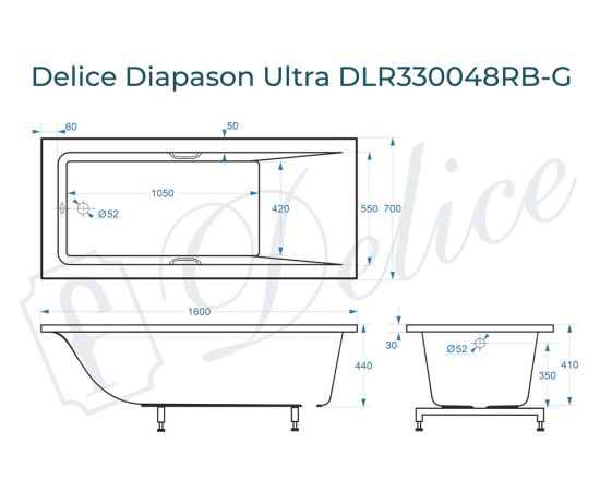 Ванна из литьевого мрамора Delice Diapason Ultra с узким бортом 160х70 глянцевая с черными ручками DLR330048RB-G_, изображение 2