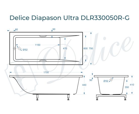 Ванна из литьевого мрамора Delice Diapason Ultra с узким бортом 170х75 глянцевая с ручками Хром DLR330050R-G_, изображение 2