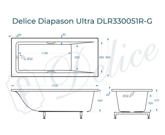 Ванна из литьевого мрамора Delice Diapason Ultra с узким бортом 170х80 глянцевая с ручками Хром DLR330051R-G_, изображение 2