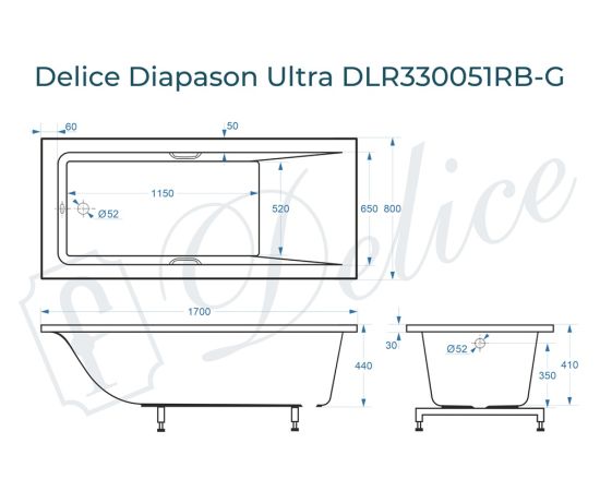 Ванна из литьевого мрамора Delice Diapason Ultra с узким бортом 170х80 глянцевая с черными ручками DLR330051RB-G_, изображение 2