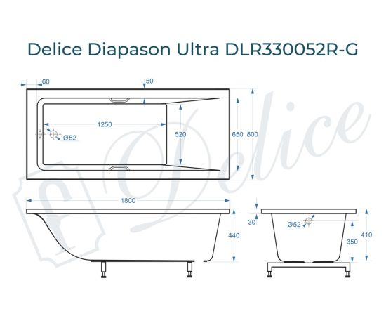 Ванна из литьевого мрамора Delice Diapason Ultra с узким бортом 180х80 глянцевая с ручками Хром DLR330052R-G_, изображение 2