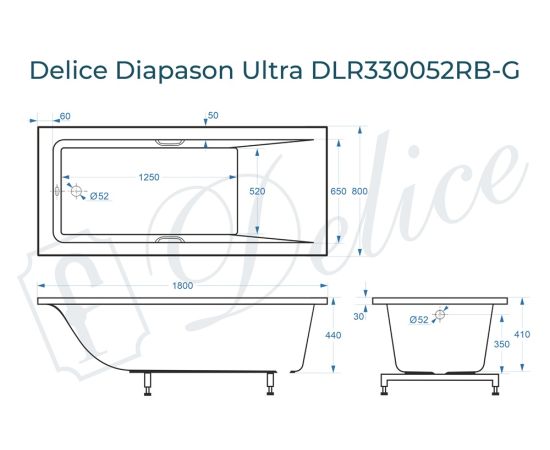 Ванна из литьевого мрамора Delice Diapason Ultra с узким бортом 180х80 глянцевая с черными ручками DLR330052RB-G_, изображение 2