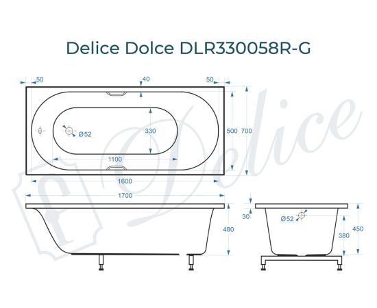 Ванна из литьевого мрамора Delice Dolce 170х70 глянцевая с ручками Хром DLR330058R-G_, изображение 2
