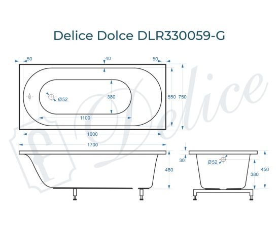 Ванна из литьевого мрамора Delice Dolce 170х75 глянцевая DLR330059-G_, изображение 3