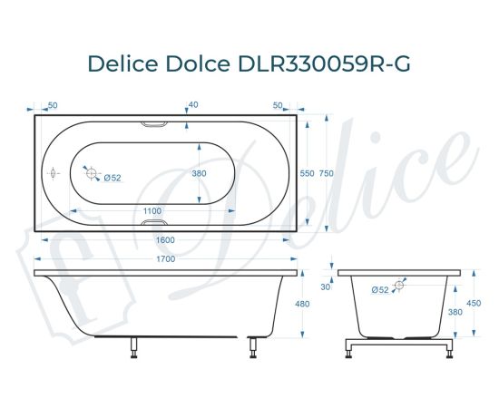 Ванна из литьевого мрамора Delice Dolce 170х75 глянцевая с ручками Хром DLR330059R-G_, изображение 2