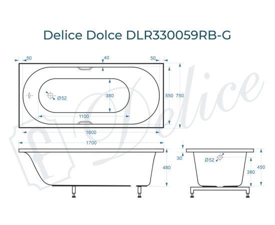 Ванна из литьевого мрамора Delice Dolce 170х75 глянцевая с черными ручками DLR330059RB-G_, изображение 2