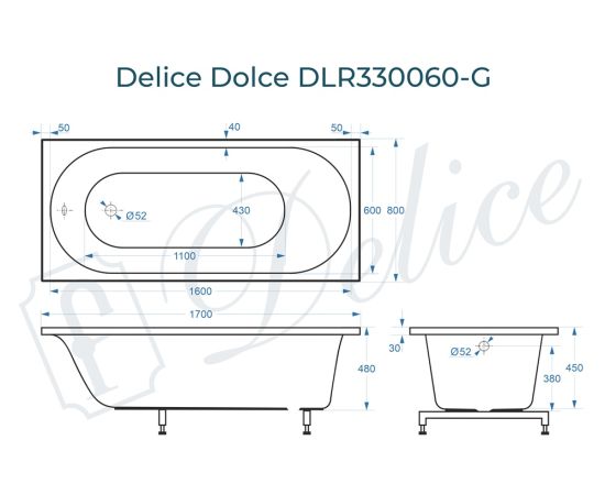 Ванна из литьевого мрамора Delice Dolce 170х80 глянцевая DLR330060-G_, изображение 3