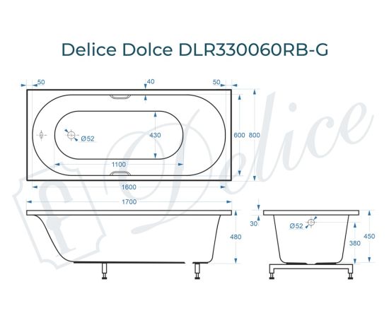 Ванна из литьевого мрамора Delice Dolce 170х80 глянцевая с черными ручками DLR330060RB-G_, изображение 2