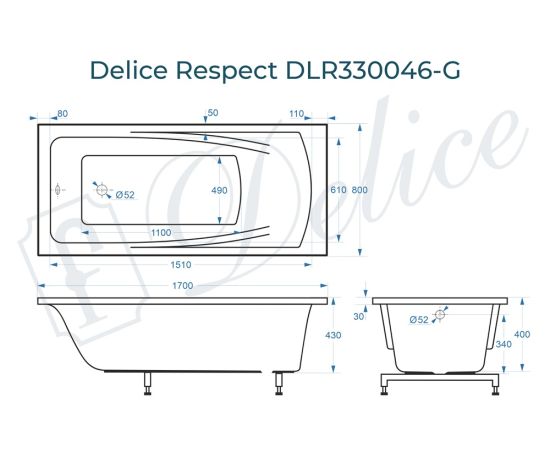 Ванна из литьевого мрамора Delice Respect 170х80 глянцевая DLR330046-G_, изображение 3