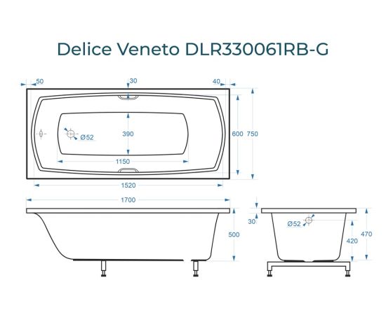 Ванна из литьевого мрамора Delice Veneto 170х75 глянцевая с черными ручками DLR330061RB-G_, изображение 2