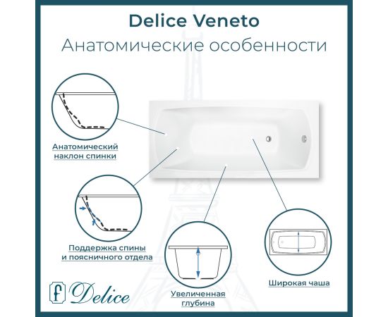 Ванна из литьевого мрамора Delice Veneto 180х75 глянцевая с черными ручками DLR330062RB-G_, изображение 3