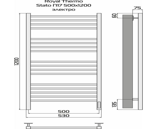 Полотенцесушитель Royal Thermo Stato П17 500х1200 электро (встроенный диммер) черный_, изображение 4